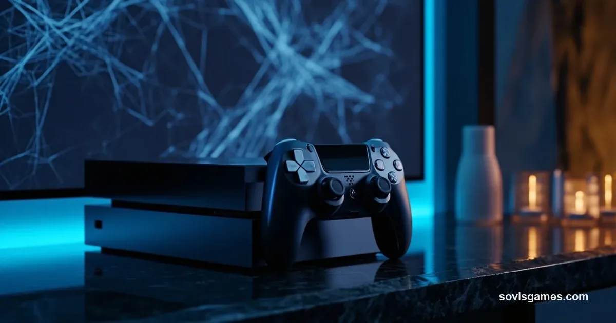 Abstract cinematic still life of a premium gaming console on a polished obsidian shelf with a display showing soft cyan geometric tessellations, deep midnight blue and brushed silver finish, no text, no logos, no real people.