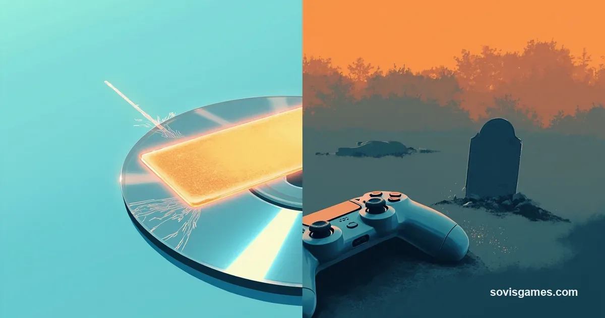 Editorial illustration of a giant digital bandage patching a cracked game-disc icon on one side, and a broken controller with a tombstone on the other. Split composition, blue and orange palette, no logos, no real likeness.