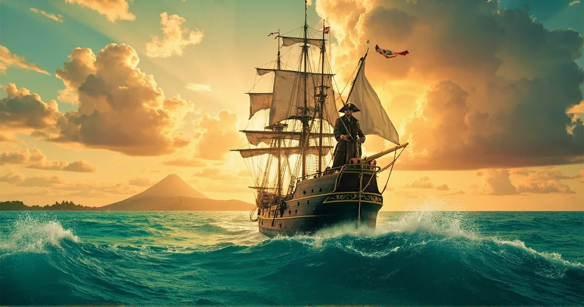 Caribbean Sea at sunset — a generic three-masted wooden schooner pirate vessel sailing starboard with white sails partially furled, plain dark wood hull with no readable flags, mid-ground silhouette of a pirate captain at the helm wearing a tricorn hat and long coat, foreground tropical turquoise water with gentle waves, distant volcanic island silhouettes, golden hour light, painterly but photorealistic, no IP, no characters.