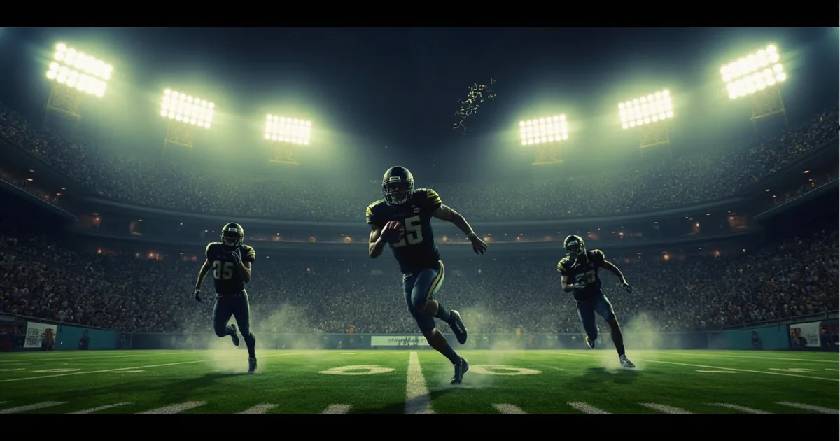 NCAA football stadium at night — packed crowd silhouettes in the stands backlit by bright stadium lights, mid-ground two abstract football players in action (one running with the ball, one pursuing) silhouettes only, generic numbered jerseys, foreground green field with yard-line markers, a single confetti puff above the goalpost. Painterly but photorealistic, warm stadium-light palette.