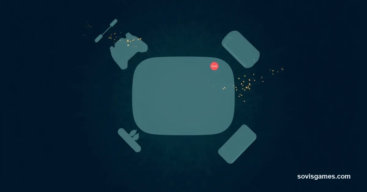 Abstract editorial illustration on a deep navy background with subtle radial gradient. Center: large abstract rounded-rectangle screen frame in muted teal, suggesting a Web App window. Surrounding it: four smaller abstract device silhouettes (smartphone, tablet, laptop, console controller) arranged in a cross pattern, each connected by a thin teal signal line to the central screen. Small red dot in upper-right corner of central screen suggesting live status. Gold particles floating around the central screen suggesting live content. No people, no readable text, no logos, no EA marks.