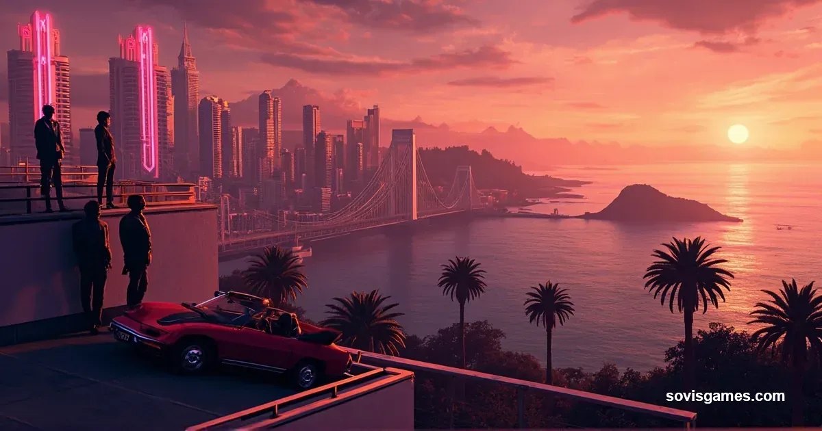 Stylized fictional coastal metropolis skyline at dusk — art-deco high-rise buildings in the centre with glowing pink and orange neon signs, no readable text, palm tree silhouettes in the foreground, ocean bay with a single suspension bridge silhouette spanning to a distant island, two figures standing on a rooftop overlook from the foreground-left, silhouettes only, mid-ground red convertible parked on a rooftop lot, warm-to-cool gradient sky, painterly but photorealistic, no IP, no brand text.