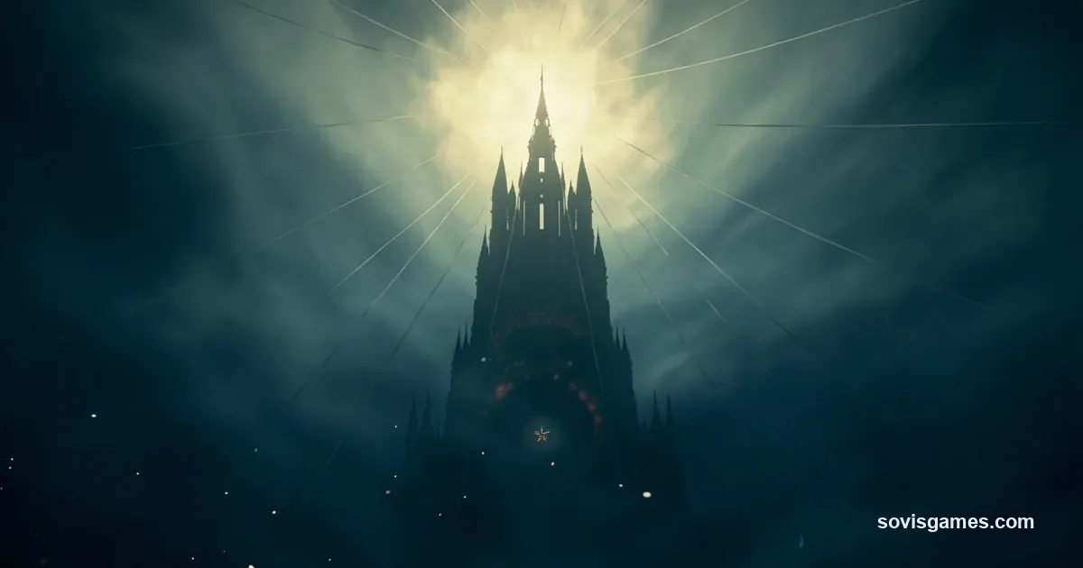 Abstract ethereal dark-fantasy cathedral silhouette rising from layered indigo mist. A central bell-shaped spire is pierced by criss-crossing pale silk threads pulled taut between four corner pillars. Soft golden glow blooms behind the spire at the vanishing point with a single luminous silk bead floating mid-frame. Faint cogs and gear fragments hover in the lower third. Painterly indigo and citrine gold palette. No characters, no readable text, no logos (other than the sovisgames.com watermark).