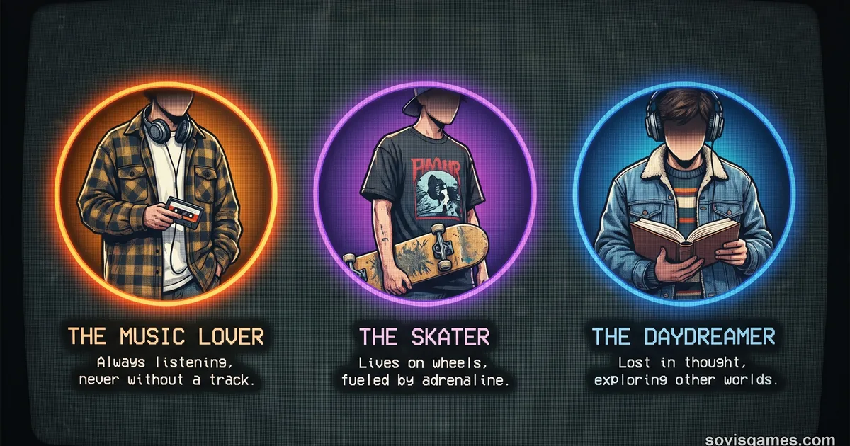 Mixtape characters archetype placeholder — CRT-style framed portraits of three generic 80s teen archetypes (Music Lover / Skater / Daydreamer). Used as the comparison-piece cover so it stays distinct from the walkthrough cover. No game artwork is used; generic archetypes only.