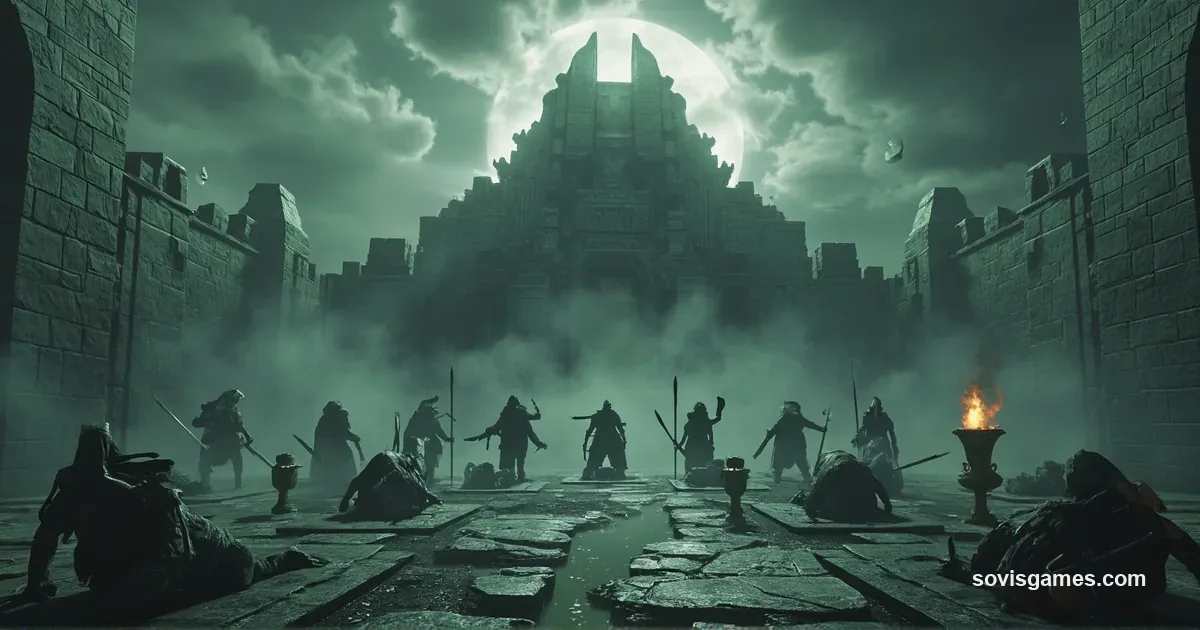 Dark fantasy open world atmosphere — weathered bone-stone citadel rising from a misty swamp in the centre, eight silhouettes of fallen warriors with distinct weapons (two-handed sword, bow, staff, daggers, fist weapons, spear, mace, paired swords) in a loose arc on cracked marble slabs. Foreground fog, dim moon through broken clouds, painterly but photorealistic, no characters, no IP.