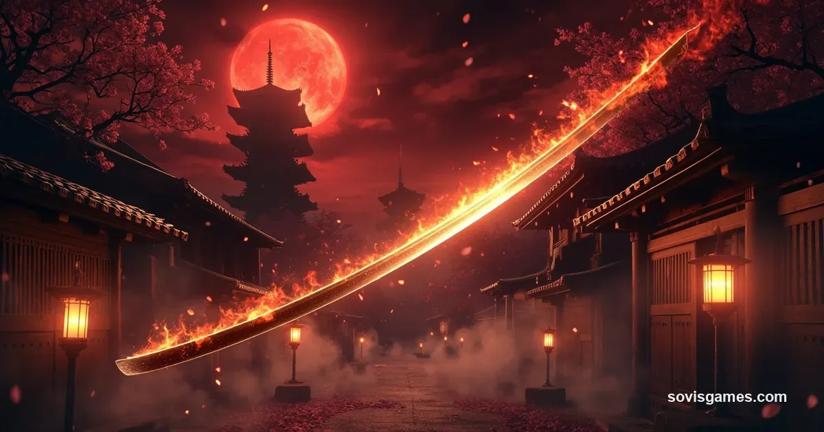 Cinematic dark-fantasy cover for an Edo-period samurai action-adventure — twilight atmosphere over a wooden Kyoto temple district with pagoda silhouettes against a blood-red moon, a glowing curved katana slash cutting diagonally across the center with ember particles and crimson mist, cracked stone lanterns emitting warm golden light, cherry-blossom petals drifting, painterly photorealistic, no characters, no logos.