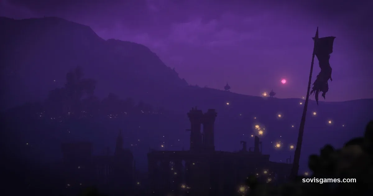 Path of Exile themed dark fantasy scene — abstract ethereal flame silhouettes swirling around a hooded character holding a glowing Allflame lantern, dimly lit Wraeclast ruins in the background, painterly but photorealistic, deep purple-and-orange infernal palette.