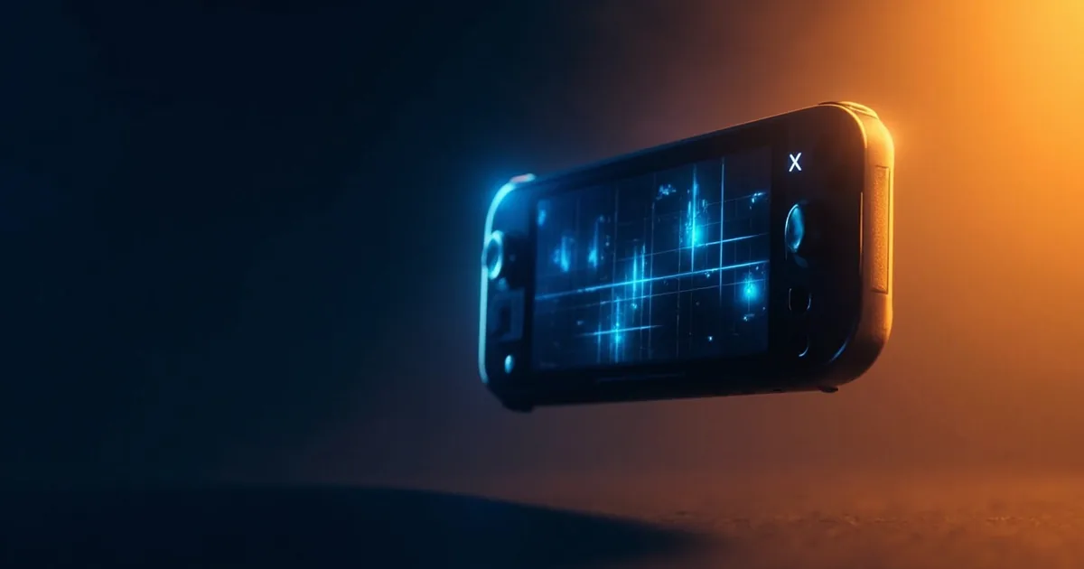 Handheld-console compatibility aesthetic cover — a stylized handheld gaming device silhouette against a soft gradient from deep navy blue at the top to warm amber at the bottom, with abstract tactical battle grid pattern and glowing blue coordinate markers on screen, soft light bloom around the device edges, indicating unsupported status.