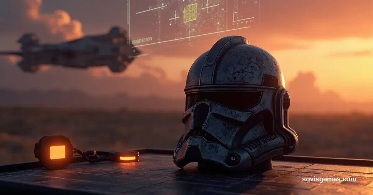 Cinematic sci-fi military strategy cover — a stylized clone trooper helmet with battle-worn scratches sits on a tactical map table in the foreground, half-lit by amber tactical lights, with a republic gunship silhouette against a hazy orange-to-violet sky, holo-map projections floating above, no characters with visible faces, no logos.