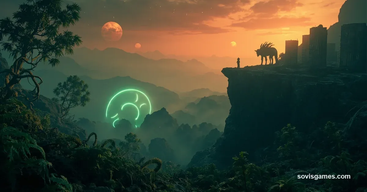 Editorial sci-fi prehistoric landscape at twilight. Foreground: dense ferns and twisted vines in deep emerald with a faint glowing double-helix pattern hovering in mist. Midground: weathered alien ruins on a rocky ridge with a single massive bipedal predator silhouette backlit by twin amber moons low on horizon. Sky gradient from rust orange to deep indigo. Color palette: jungle green, fern, aged gold, near-black, rust red. Painterly editorial news aesthetic, dramatic chiaroscuro, 16:9 aspect ratio.