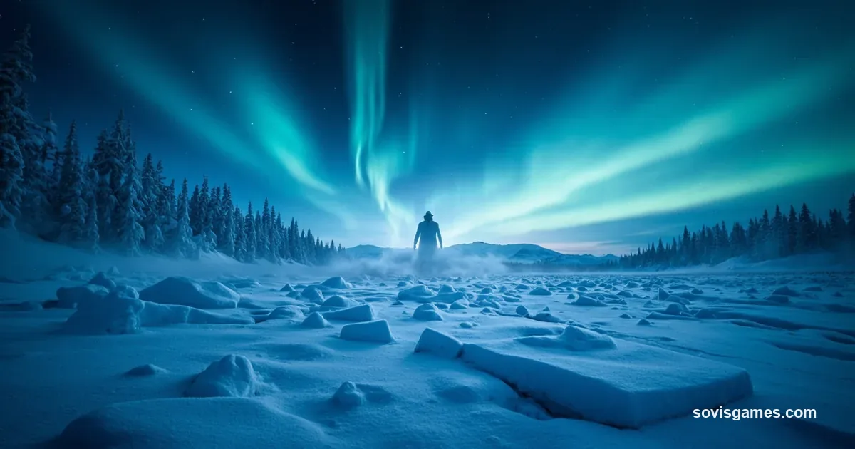 Abstract frozen tundra landscape — geometric ice-cracked lake foreground, frost-covered pine tree silhouettes in deep navy and parchment bone, low aurora borealis bands in cyan and pale green overhead, a colossal humanoid silhouette (frost giant Jotun) emerging from far mist as a deep navy shadow against lighter fog, ground gently tilting upward to suggest an endless arctic expanse, a single golden accent along the bottom-right edge. Painterly but photorealistic, no readable text, no IP, no brand mark.