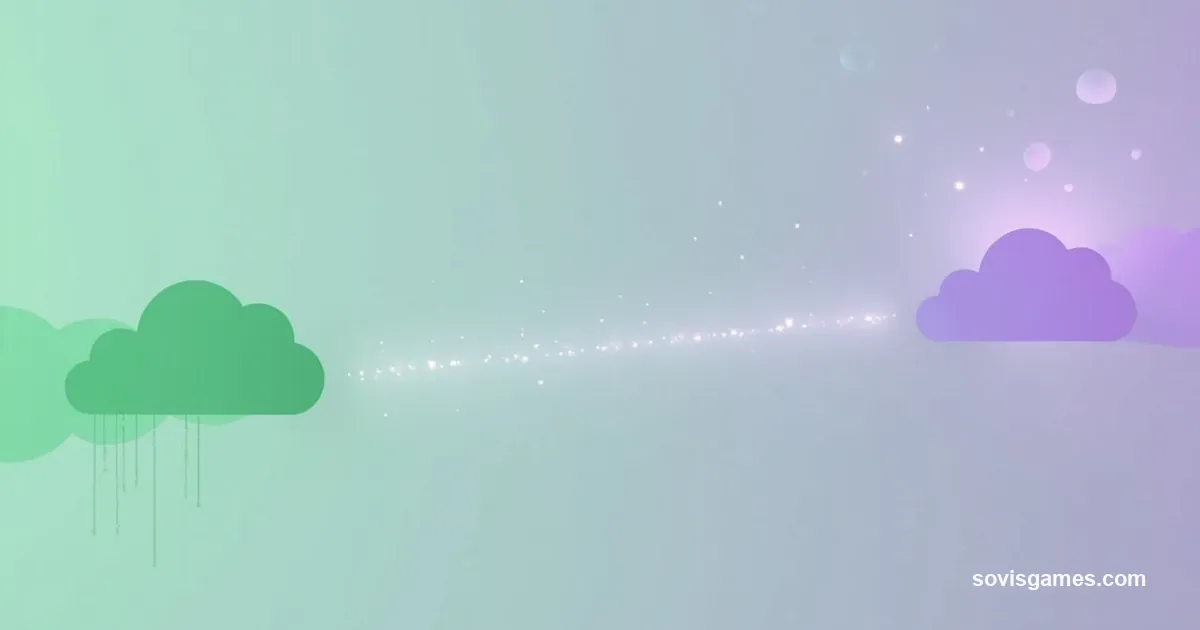 Abstract editorial cover with stylized cloud silhouette in soft green on the left, alternative destination glow in muted purple on the right, soft horizontal data conduit connecting the two zones with circular data packet dots traveling along.