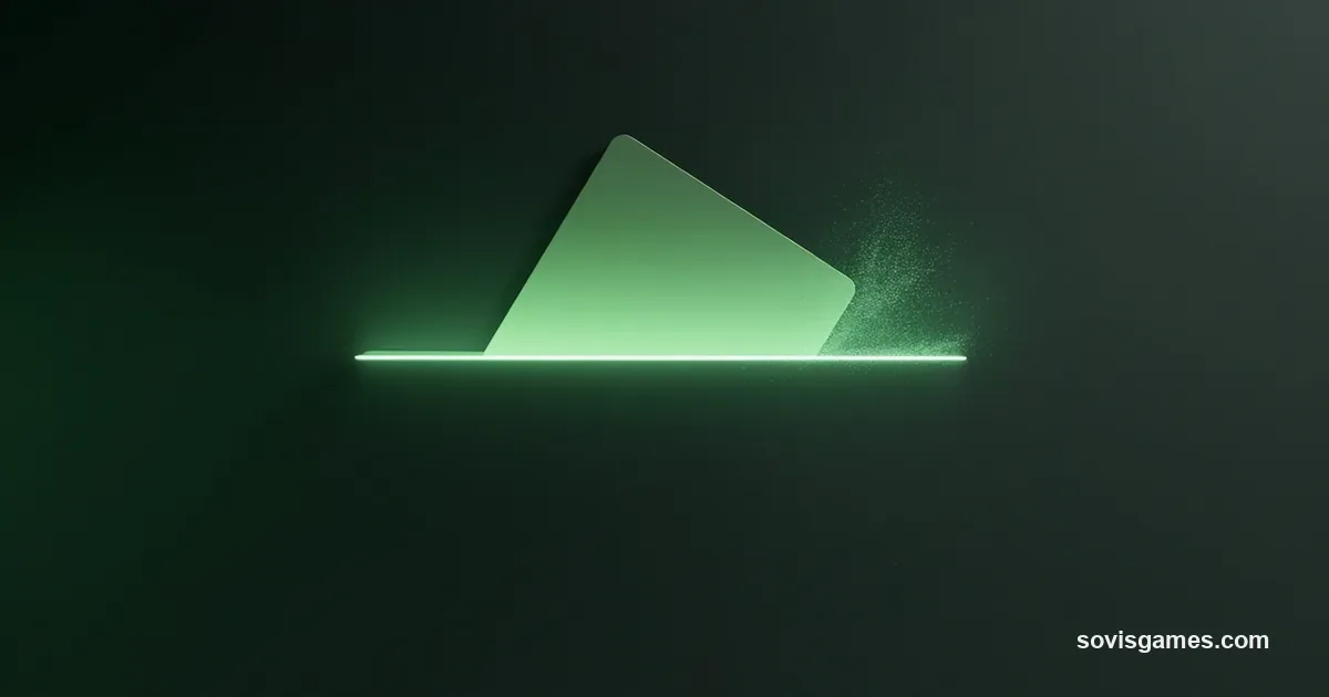 Abstract minimalist composition with a faint horizontal green glow line crossing a deep charcoal background, a single stylized green card half-emerging from a slot, no console, no controller, no readable text, no logo.