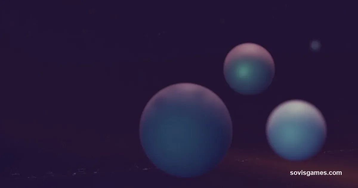 Abstract three-orb composition in deep violet-charcoal gradient: a small warm amber orb on the left, a large slate teal orb with faint inner ring in the center, and a medium pale cyan orb on the right, all connected by a thin muted-white horizontal line over a subtle pixel-grid background. No text, no logos, no device silhouettes — the visual reads as a balanced three-way small-form handheld comparison.